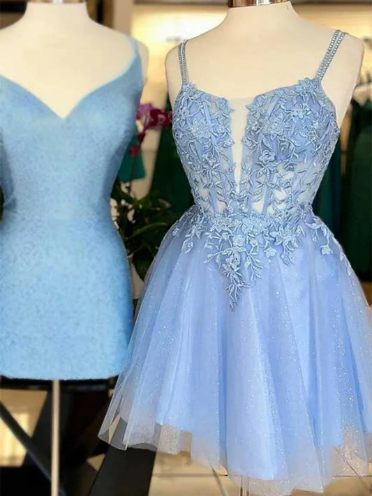 Vestido de fiesta corto de tul azul con tirantes finos y cuentas, corte A, con apliques, para el regreso a casa ED01580
