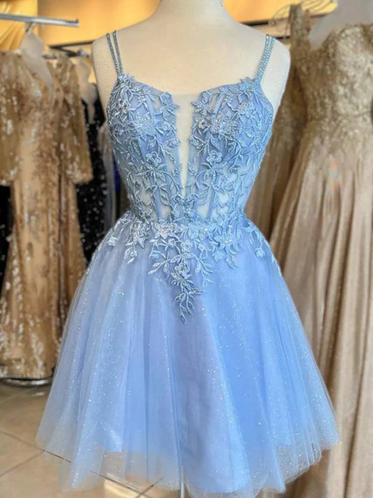Vestido de fiesta corto de tul azul con tirantes finos y cuentas, corte A, con apliques, para el regreso a casa ED01580