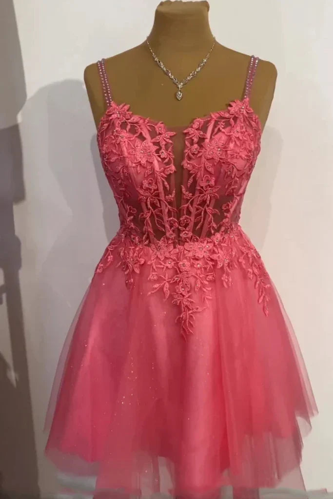 Vestido de fiesta corto de tul azul con tirantes finos y cuentas, corte A, con apliques, para el regreso a casa ED01580