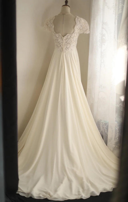 Vestido largo estilo imperio de gasa con escote cuadrado en beige, con encaje y cuentas, para fiesta de graduación, boda, ED01583
