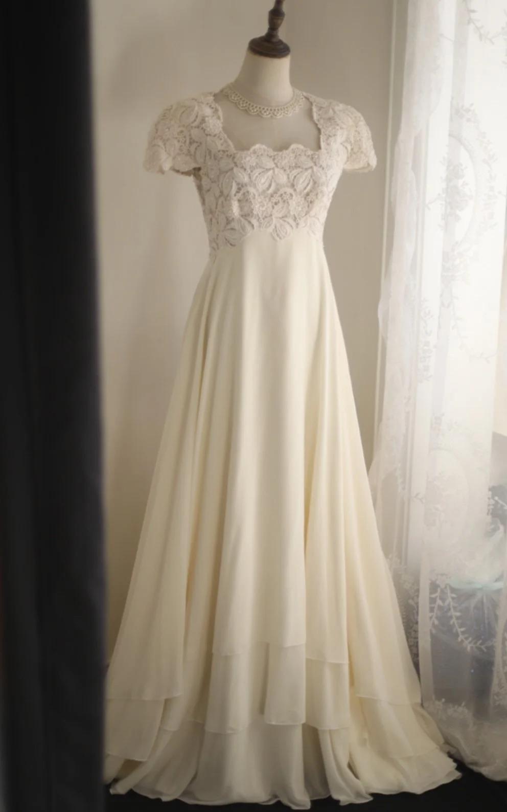 Vestido largo estilo imperio de gasa con escote cuadrado en beige, con encaje y cuentas, para fiesta de graduación, boda, ED01583