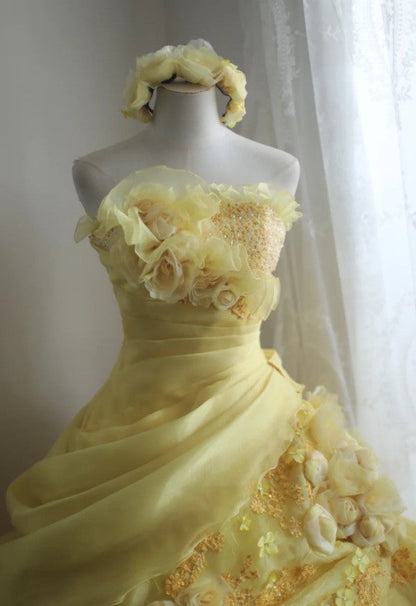 Vestido de novia amarillo dulce, corte A, sin tirantes, de organza, con apliques y pedrería, vestido de noche largo ED01595