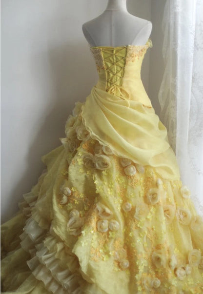 Vestido de novia amarillo dulce, corte A, sin tirantes, de organza, con apliques y pedrería, vestido de noche largo ED01595