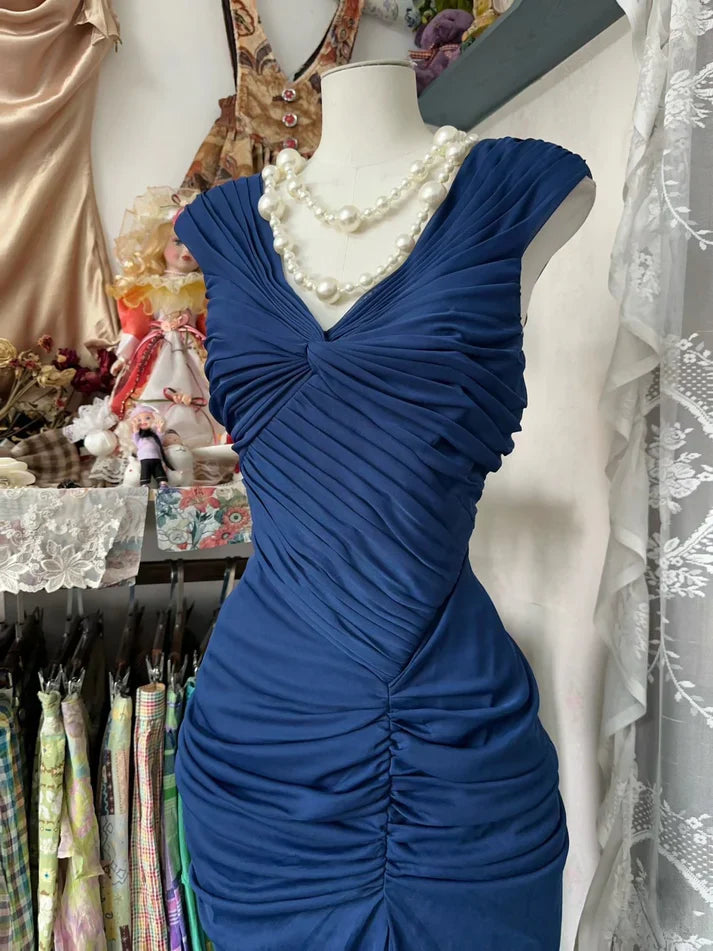 💎Vintage  Midnight Blue Mermaid Gown 🎐V Neck Pretty  Prom Dress for Events&Party ED01598