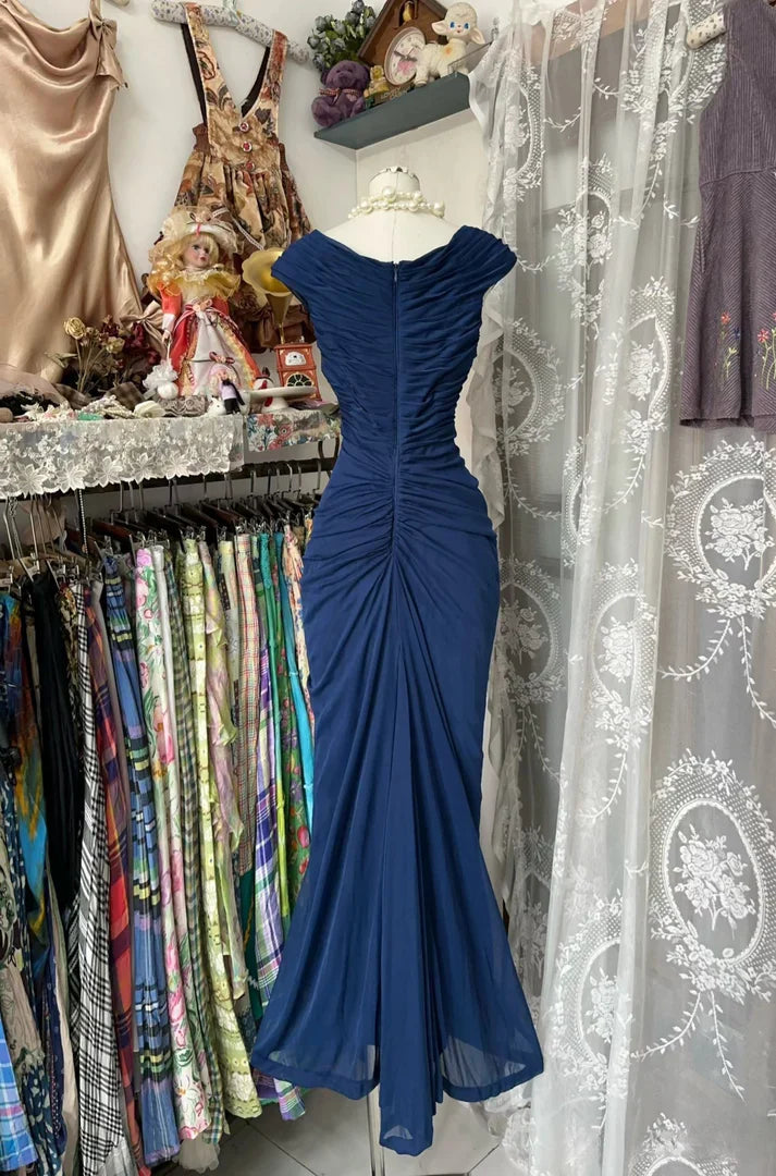 💎Vintage  Midnight Blue Mermaid Gown 🎐V Neck Pretty  Prom Dress for Events&Party ED01598