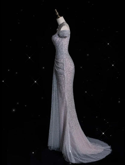 Mermaid Gown💍 Off The Shoulder Tulle Sequins Long Prom Dress for Formal Events &Quinceanera ED01599