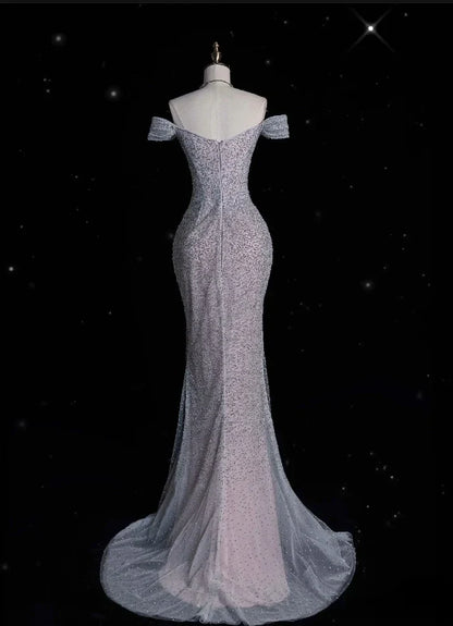 Mermaid Gown💍 Off The Shoulder Tulle Sequins Long Prom Dress for Formal Events &Quinceanera ED01599