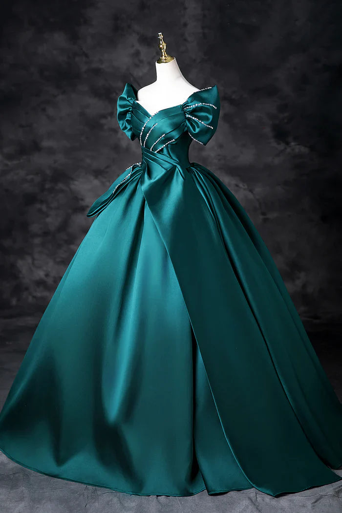 Vestido de fiesta largo de satén con hombros descubiertos y corte en A en color verde azulado, elegante vestido de noche ED01603