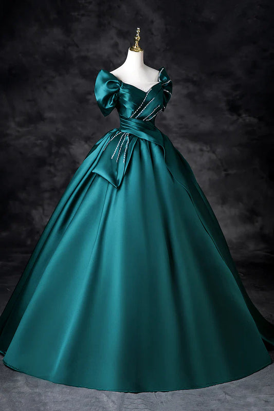 Vestido de fiesta largo de satén con hombros descubiertos y corte en A en color verde azulado, elegante vestido de noche ED01603