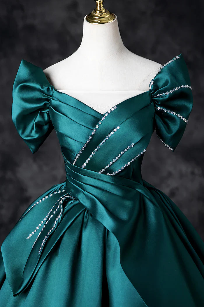 Vestido de fiesta largo de satén con hombros descubiertos y corte en A en color verde azulado, elegante vestido de noche ED01603