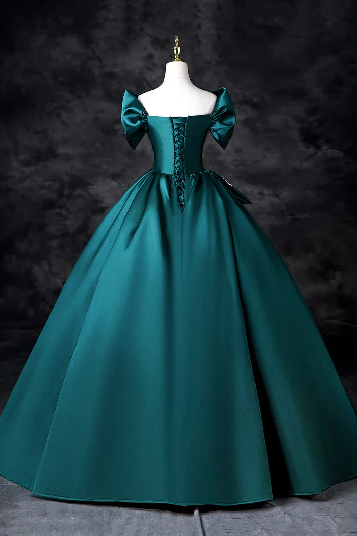 Vestido de fiesta largo de satén con hombros descubiertos y corte en A en color verde azulado, elegante vestido de noche ED01603