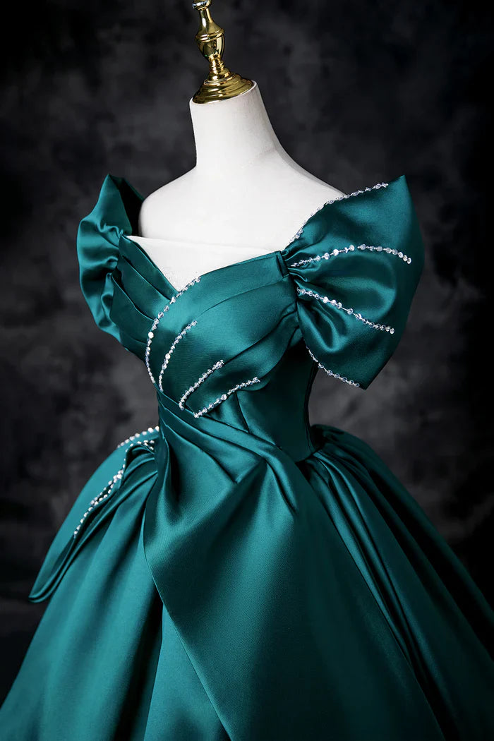 Vestido de fiesta largo de satén con hombros descubiertos y corte en A en color verde azulado, elegante vestido de noche ED01603