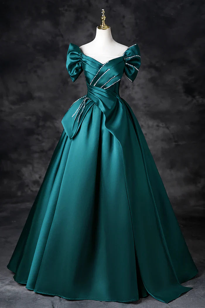 Vestido de fiesta largo de satén con hombros descubiertos y corte en A en color verde azulado, elegante vestido de noche ED01603
