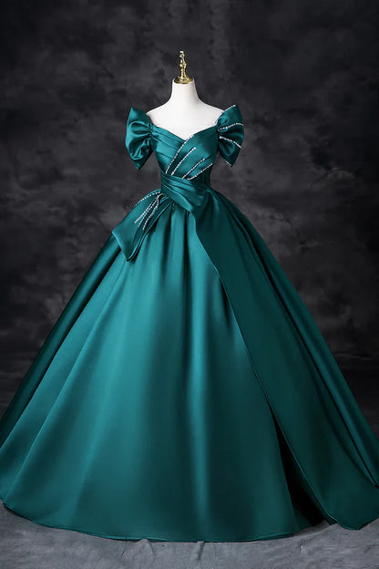 Vestido de fiesta largo de satén con hombros descubiertos y corte en A en color verde azulado, elegante vestido de noche ED01603