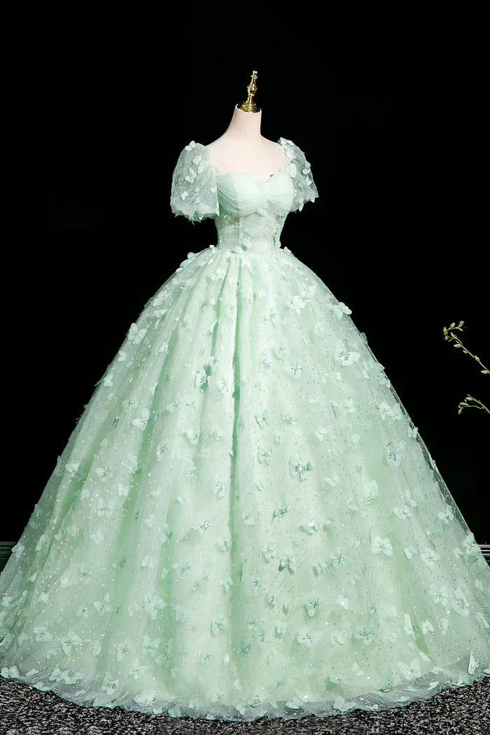 Green A-Line Tulle Beaded Sequin Long Prom Dress, Beautiful 3D Butterfly Evening Dress ED01605