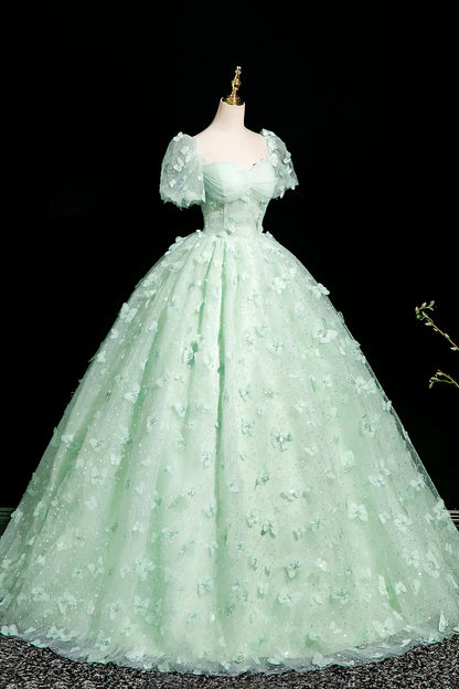 Green A-Line Tulle Beaded Sequin Long Prom Dress, Beautiful 3D Butterfly Evening Dress ED01605