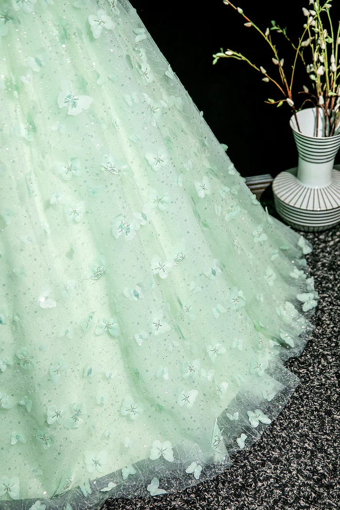 Green A-Line Tulle Beaded Sequin Long Prom Dress, Beautiful 3D Butterfly Evening Dress ED01605