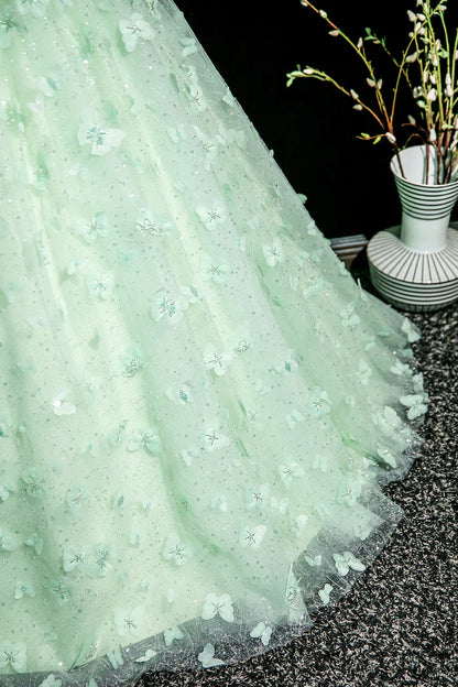 Green A-Line Tulle Beaded Sequin Long Prom Dress, Beautiful 3D Butterfly Evening Dress ED01605