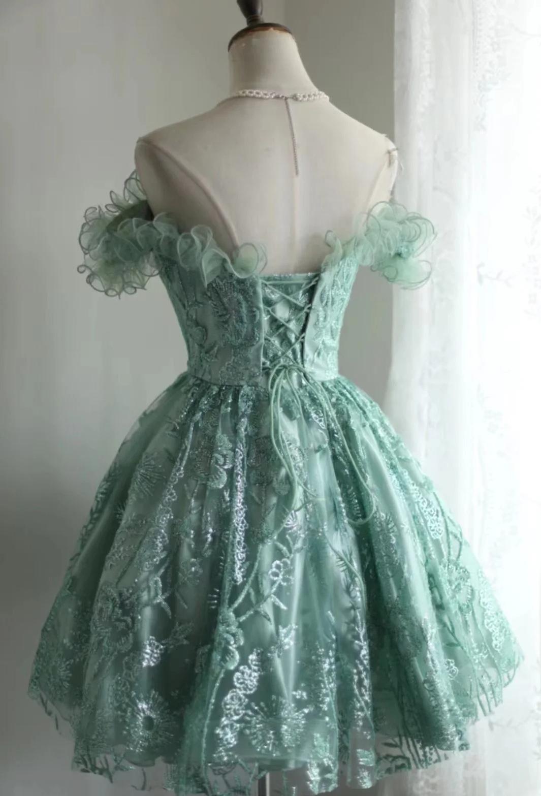 Green A-Line Tulle Beading Sequins Short Prom Dress Homecoming Dress  ED01608
