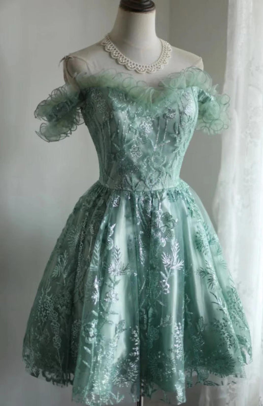 Vestido corto de fiesta verde de tul con lentejuelas y cuentas, corte A, para regreso a casa, ED01608