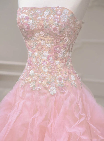 Vestido de fiesta largo de tul con lentejuelas y corte sirena rosa, sin tirantes, para novia, con apliques bordados, ED01612