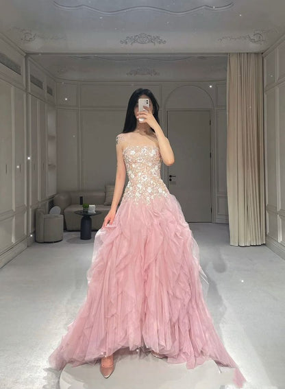 Vestido de fiesta largo de tul con lentejuelas y corte sirena rosa, sin tirantes, para novia, con apliques bordados, ED01612