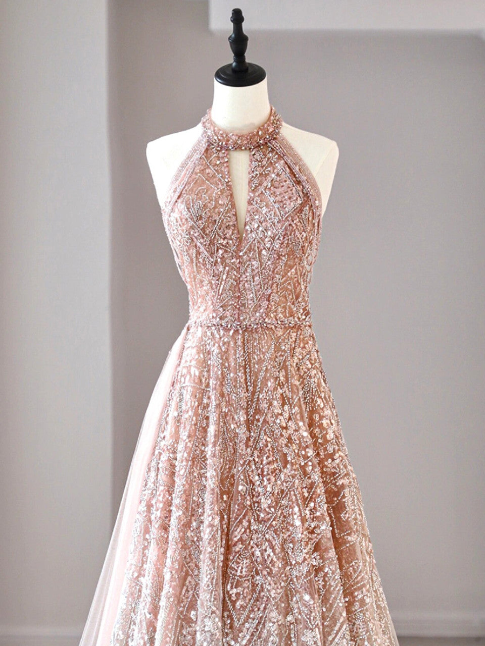 Vestido de fiesta largo de tul con lentejuelas y escote halter, corte A, vestido de noche formal ED01614