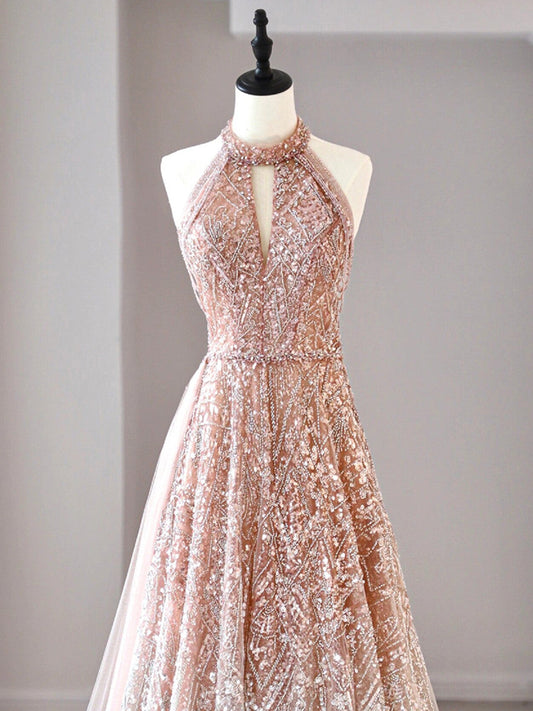 Vestido de fiesta largo de tul con lentejuelas y escote halter, corte A, vestido de noche formal ED01614
