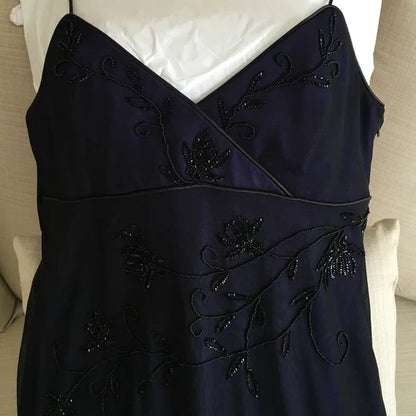 Vestido de fiesta largo de sirena azul marino con tirantes finos, tul y cuentas, escote en V, estilo vintage, ED01616