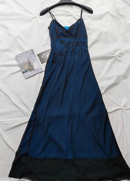 Vestido de fiesta largo de sirena azul marino con tirantes finos, tul y cuentas, escote en V, estilo vintage, ED01616