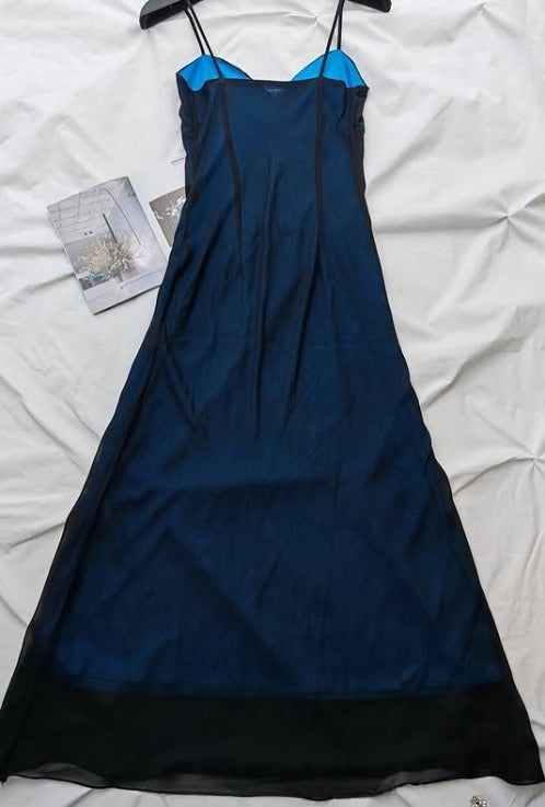 Vestido de fiesta largo de sirena azul marino con tirantes finos, tul y cuentas, escote en V, estilo vintage, ED01616