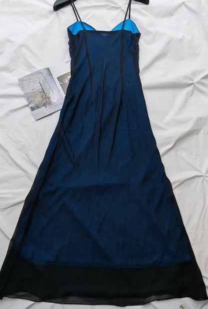 Vestido de fiesta largo de sirena azul marino con tirantes finos, tul y cuentas, escote en V, estilo vintage, ED01616