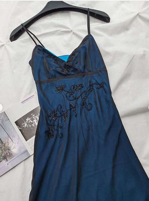 Vestido de fiesta largo de sirena azul marino con tirantes finos, tul y cuentas, escote en V, estilo vintage, ED01616