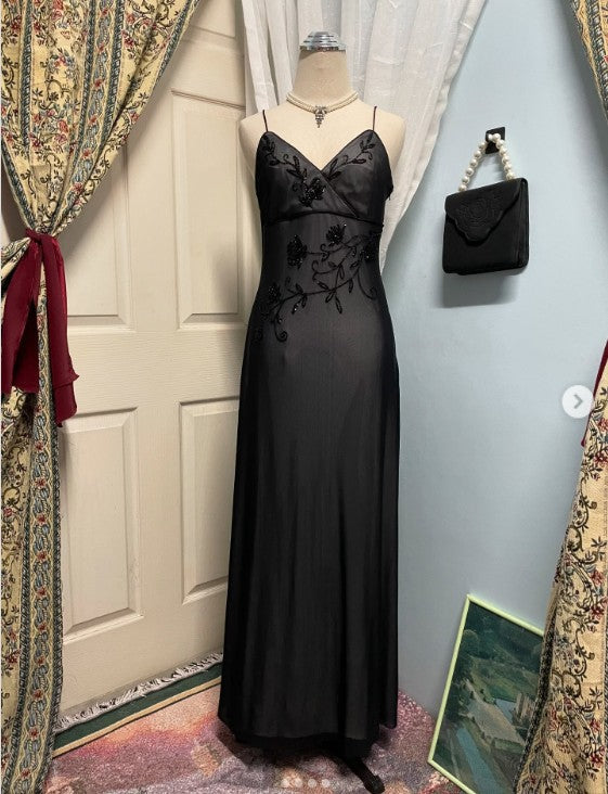Vestido de fiesta largo de sirena azul marino con tirantes finos, tul y cuentas, escote en V, estilo vintage, ED01616