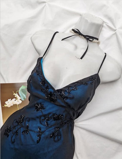 Vestido de fiesta largo de sirena azul marino con tirantes finos, tul y cuentas, escote en V, estilo vintage, ED01616