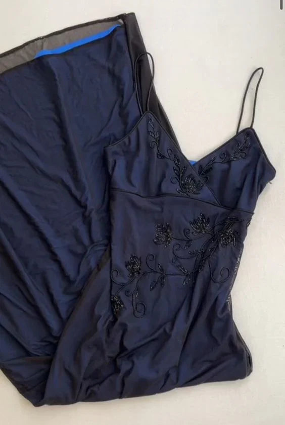 Vestido de fiesta largo de sirena azul marino con tirantes finos, tul y cuentas, escote en V, estilo vintage, ED01616