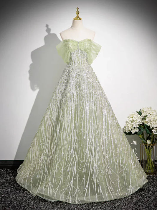 Vestido largo de fiesta de quinceañera con hombros descubiertos, tul brillante y lentejuelas, corte en A, ED01618