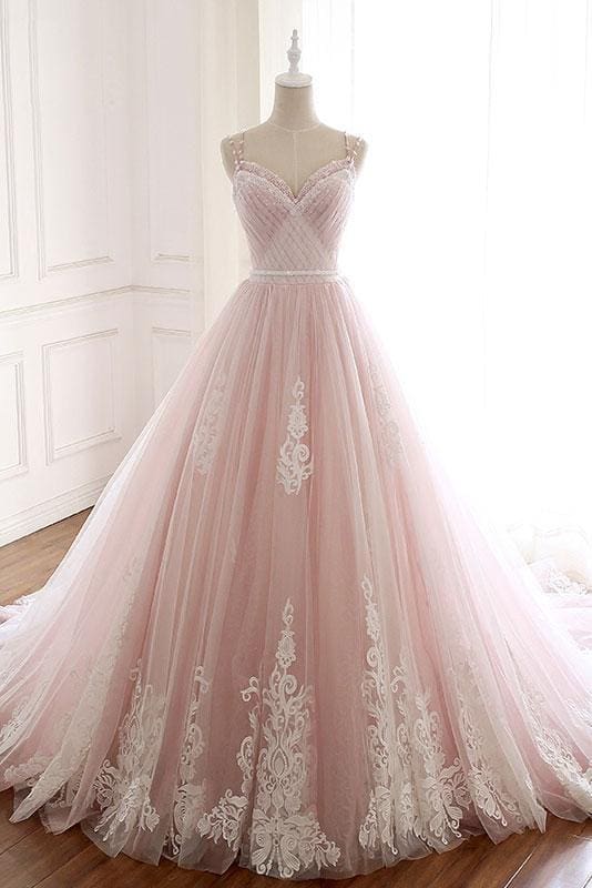 Vestido de novia rosa de corte A con tirantes finos, tul, cuentas y apliques, ED01622