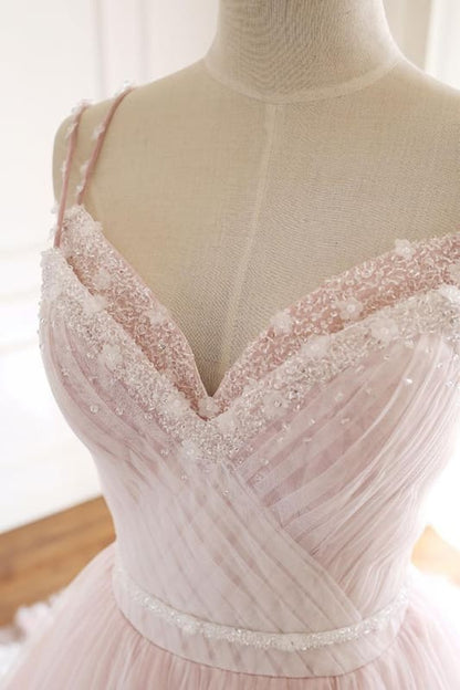 Vestido de novia rosa de corte A con tirantes finos, tul, cuentas y apliques, ED01622