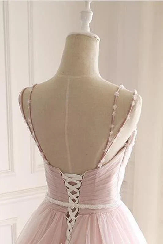 Vestido de novia rosa de corte A con tirantes finos, tul, cuentas y apliques, ED01622
