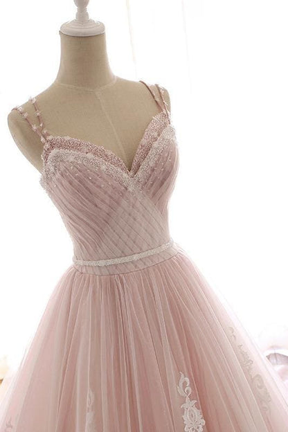 Vestido de novia rosa de corte A con tirantes finos, tul, cuentas y apliques, ED01622