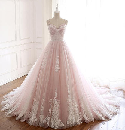 Vestido de novia rosa de corte A con tirantes finos, tul, cuentas y apliques, ED01622