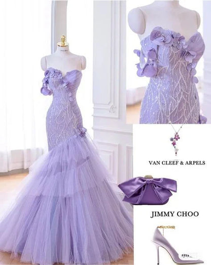 Purple Mermaid Sweetheart Neck Tulle Beaded Long Prom Dress Strapless Sequin Applique Wedding Dress ED01625