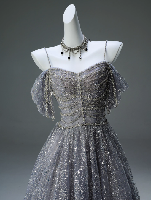 Vestido de fiesta largo de malla con lentejuelas y tirantes finos, corte A, para graduación, ceremonia y adultos, ED01626