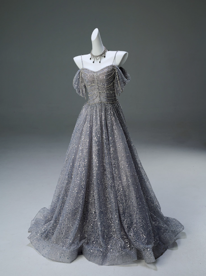 Vestido de fiesta largo de malla con lentejuelas y tirantes finos, corte A, para graduación, ceremonia y adultos, ED01626