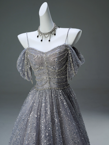 Vestido de fiesta largo de malla con lentejuelas y tirantes finos, corte A, para graduación, ceremonia y adultos, ED01626