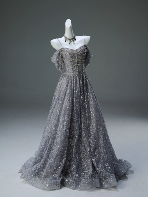 Vestido de fiesta largo de malla con lentejuelas y tirantes finos, corte A, para graduación, ceremonia y adultos, ED01626