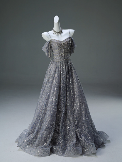 Vestido de fiesta largo de malla con lentejuelas y tirantes finos, corte A, para graduación, ceremonia y adultos, ED01626
