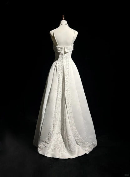 Vestido de fiesta largo de satén con cuentas y tirantes finos, corte A, blanco, para novia, graduación, ED01630