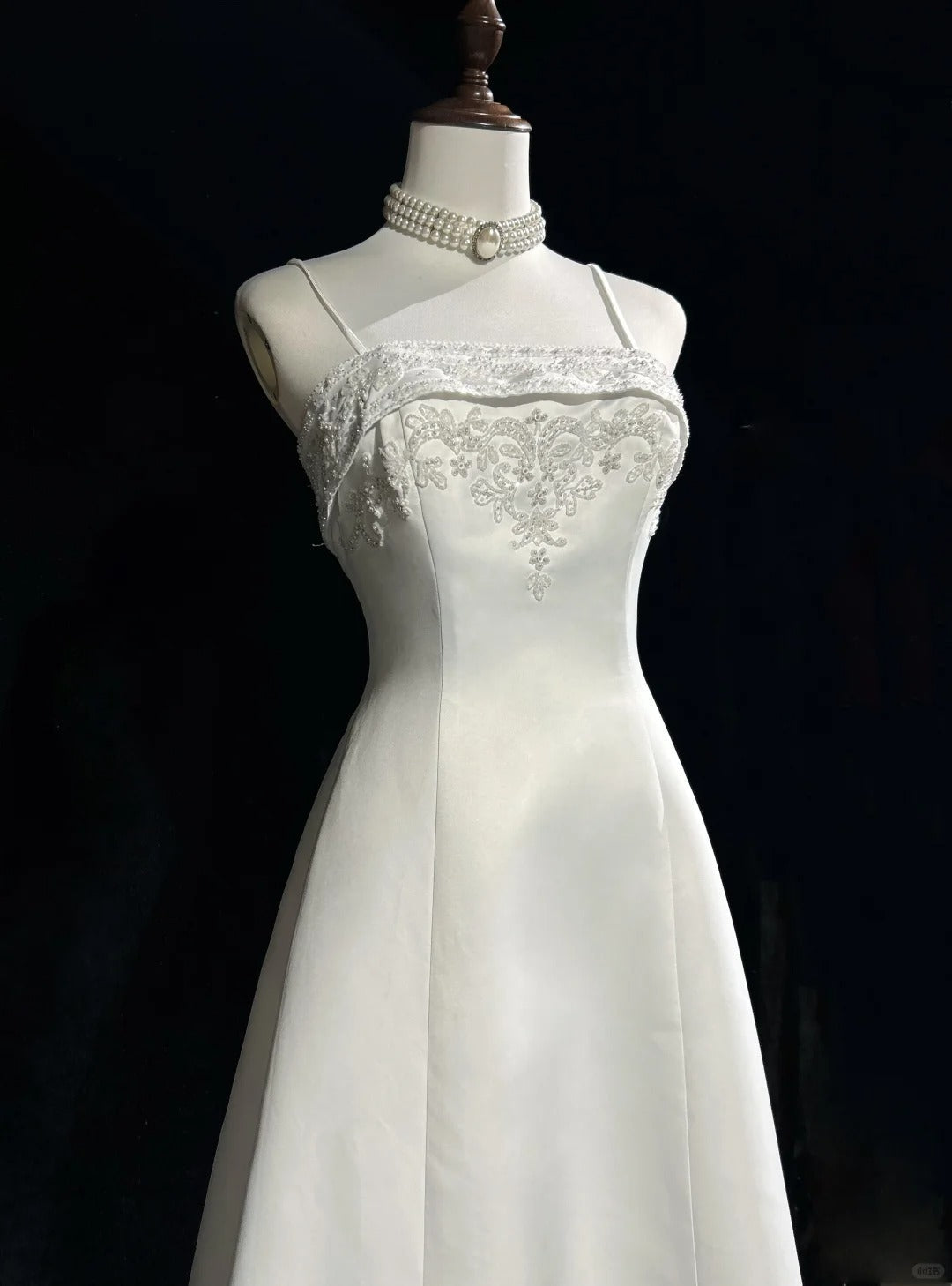 Vestido de fiesta largo de satén con cuentas y tirantes finos, corte A, blanco, para novia, graduación, ED01630